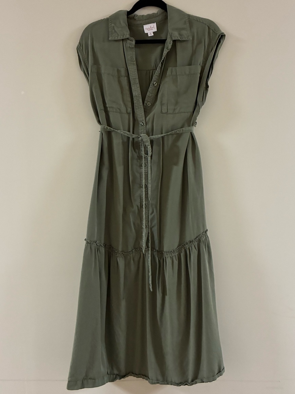 Isabel maternity Olive Button-Front Tiered Midi Maxi Dress with Tie Waist Sz M